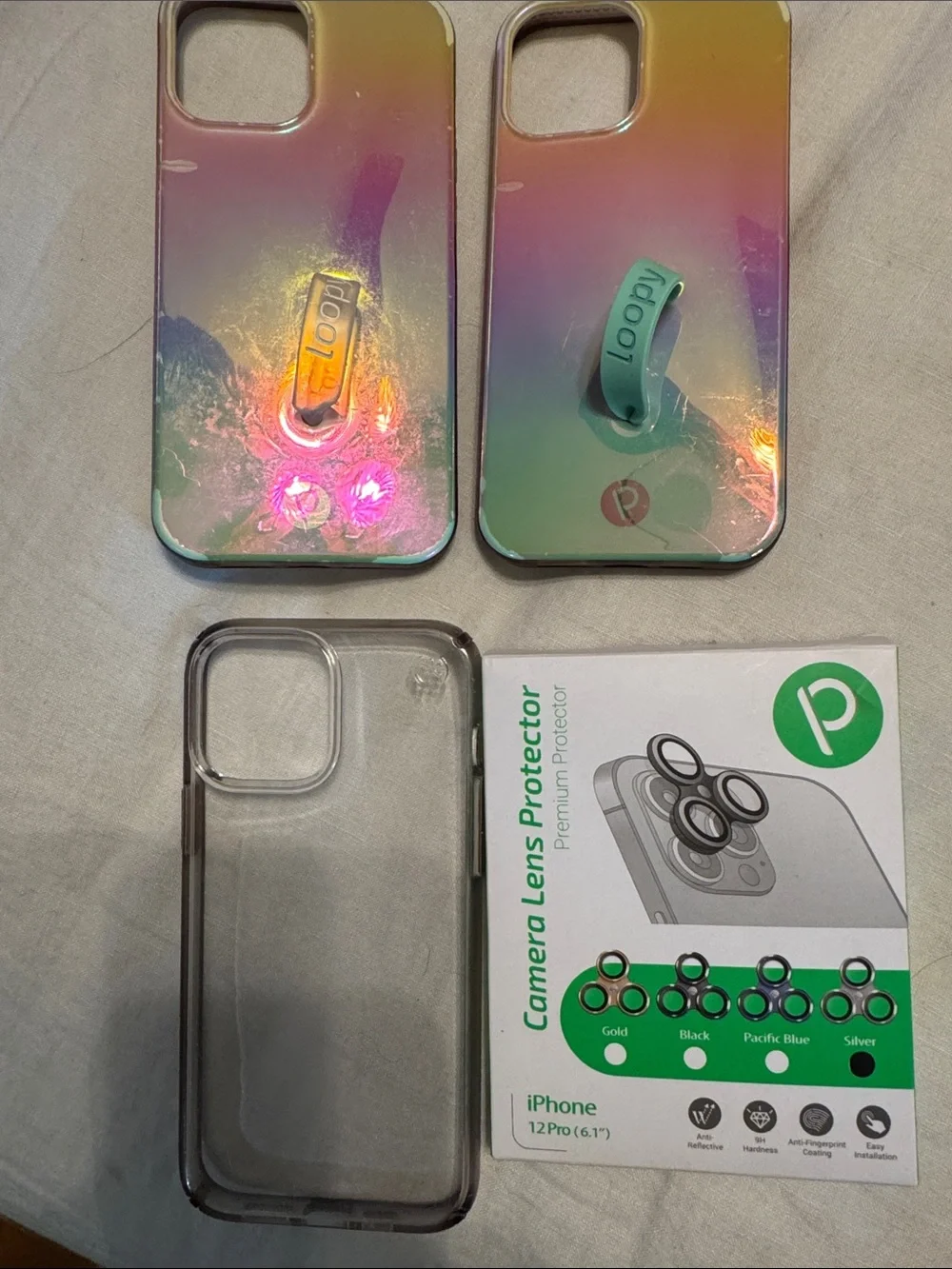 Apple Iridescent Phone Case Pair - Pink & Green; Clear; Camera cover 12Pro max